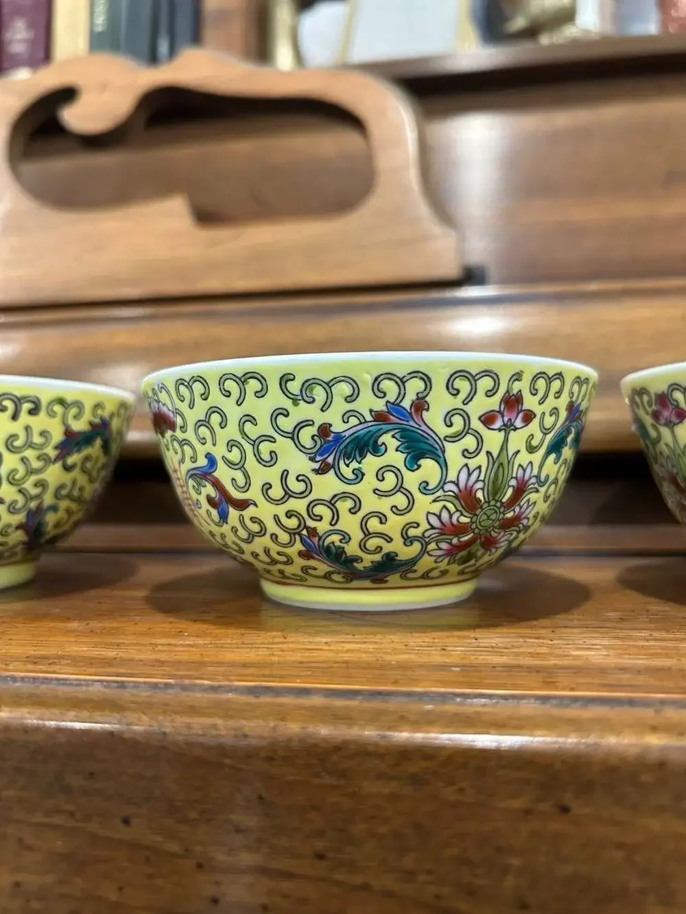 3 Chinese Famille Rose Yellow Porcelain Bowls